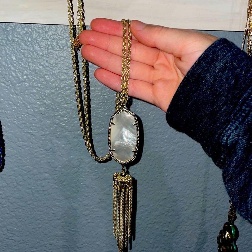 Kendra Scott Rayna Gold Long Pendant Necklace in Ivory Mother of Pearl